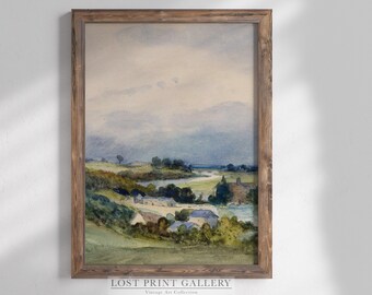 Clouds landscape print, art, antique wall decor,  landscape art print, antique painting, cottage core, old art country painting