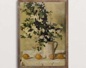 Still life painting, farmhouse art, kitchen art, lemons flowers, floral art, vintage art, antique painting, muted art print, neutral art