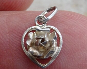 Religious silver ( MARKED ) enameled catholic medal pendant Holy charm medallion of Saint Therese of Lisieux with heart and a rose. ( 3 )