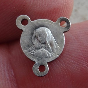 Religious antique French catholic silver plated rosary center medal connector Holy Virgin Mary mater Dolorosa. ( F 34 )