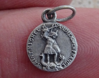 Rare antique French silvered medal pendant charm medallion Holy charm of archangel Saint Michael and Holy Virgin Mary of Bon Remede. ( B18 )