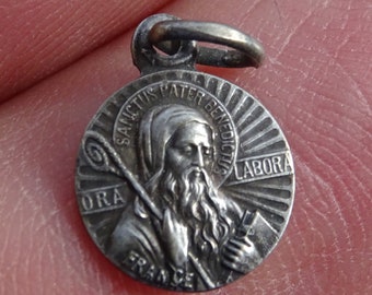 Religious antique French catholic silver ( MARKED ) medal pendant medaillon Holy charm medallion of Saint Benedict.  ( 4  )