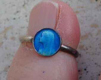 Antique silvered enamel French religious catholic ring Jewelry of Holy Virgin Mary Our Lady.  ( T 5 )