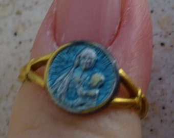 Religious antique vermeil gold plated enameled French catholic ring Christian Catholic Jewelry of Virgin Holy Mary Our Lady.  ( T 18 )