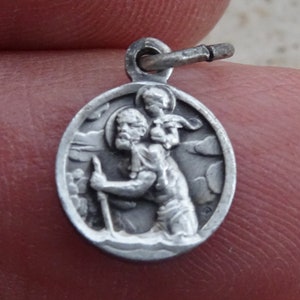Religious antique French catholic silvered medal pendant medallion charm Saint Christopher souvenir of Lourdes.  B 37
