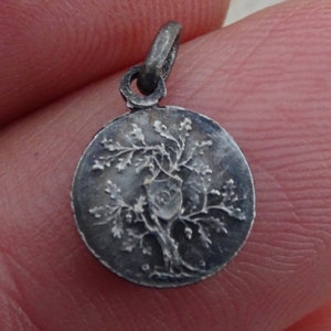 Religious antique French silver medal  charm pendant medallion souvenir of Holy Virgin Mary of Notre Dame du Chene. H 11