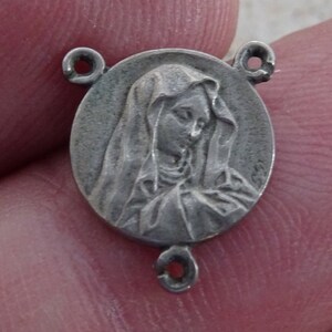 Religious antique French catholic silver plated rosary center medal connector Holy Virgin Mary mater Dolorosa. ( C 27 )