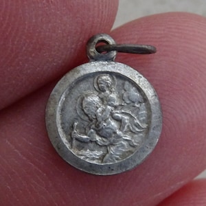 Religious antique French catholic silvered medal pendant medallion charm Saint Christopher, Christophorus, Travellers medal and Lourdes. 5B