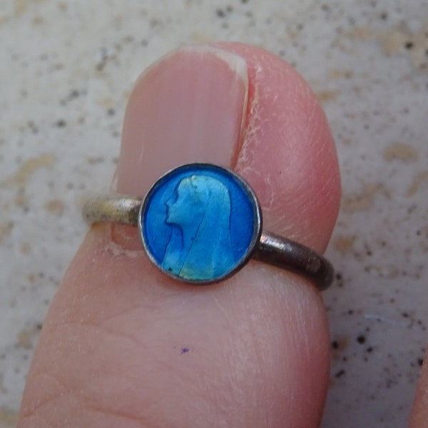 Antique silvered enamel French religious catholic ring Jewelry of Holy Virgin Mary Our Lady.  ( T 5 )