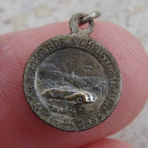 Religious antique French catholic silvered medal pendant medaillon holy charm of Holy Christopher, Christophorus, Travellers medal. ( H 19 )