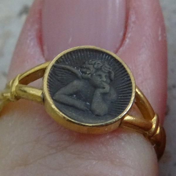 Religious antique vermeil gold plated ( MARKED ) French catholic ring Christian Catholic Jewelry of a Guardian Angel Cherub angel.  ( C 10 )