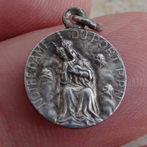 Religious antique French silver plated medal pendant charm medallion of Holy Virgin Mary Our Lady  Notre Dame du Port. O 4