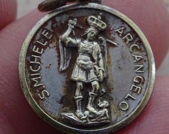 Religious antique French catholic silver plated medal pendant charm medallion Saint Michael and Holy Mary Our Lady of Grace. 12