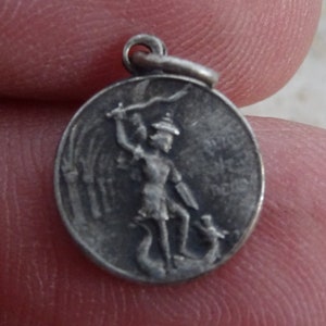 Religious antique French silver plated catholic medal pendant medallion Holy charm of Saint Michael and souvenir of Mont Michel.  B 28