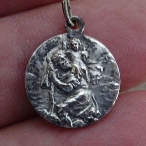 Religious antique French catholic silver plated medal pendant medallion charm of Holy Christopher, Christophorus, Travellers medal. ( 16 B )