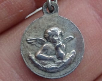 Religious antique silvered catholic medal medallion charm pendant of a guardian angel cherub Holy Mary Notre Dame de Banneux. (Belgium)   4