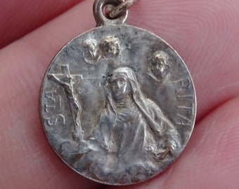 Religious antique silver plated catholic enameled medal pendant Holy charm medallion of Saint Rita Saint des Impossibles.  ( K 21 )