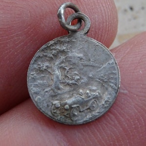 Religious antique French catholic silvered medal pendant medaillon holy charm of Holy Christopher, Christophorus, Travellers medal. ( H 34 )