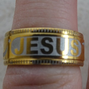 Religious gold plated Jesus ring ~ Stainless Steel ring with cross crucifix with the word: JESUS. ( F 3 )