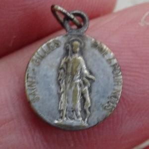 Religious antique French silver plated  catholic medal pendant charm medallion of Saint Gilles The Hermit and Saint Adele. (   B 22 )