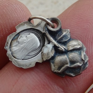 Religious antique silver plated catholic slider locket medallion pendant medal of Holy Virgin Mary souvenir of Lourdes.(  B 3 )