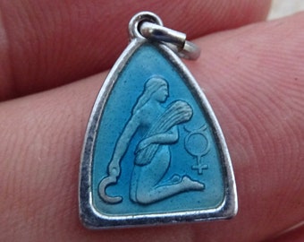Vintage silvered enameled Zodiac constellation medal pendant charm medaillon medallion of virgo sign of virgin. ( maagd ) D 7