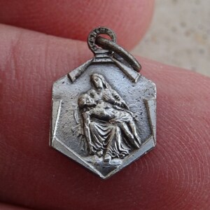 Religious antique silver plated catholic medal pendant charm medallion of Holy Jesus Christ and Mary of Pietat of Thierenbach. ( M 18 )