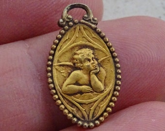 Religious antique French catholic vermeil gold plated medal pendant charm medallion Cherub putti Guardian Angel. ( A 18 )