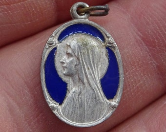 Rare religious French catholic silvered turquoise dark blue enameled medal pendant charm medallion of Holy Virgin Mary of Lourdes. ( 3 )