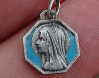 Religious French catholic silvered turquoise light blue enameled medal pendant charm medallion of Holy Virgin Mary of Lourdes. ( V 8a )