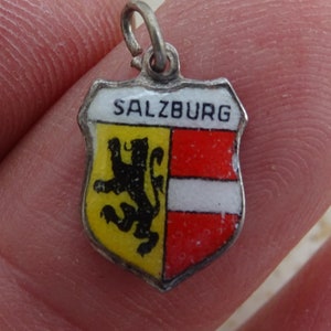 Vintage silver ( MARKED 800 ) enameled travel shield charm, memory charm tourist charm, Coat of Arms, charm souvenir of Salzburg.  M 5