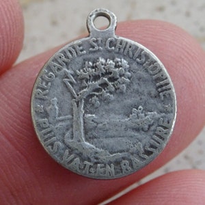 Religious antique French catholic silvered medal pendant medaillon holy charm of Holy Christopher, Christophorus, Travellers medal. ( H 21 )