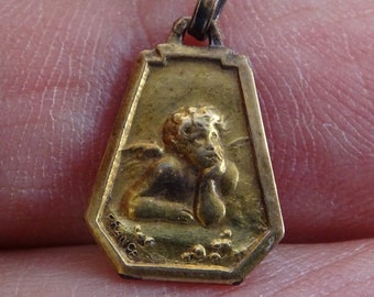 Antique French religious vermeil silver gold plated ( MARKED ) medal pendant charm medallion angel Cherub Guardian Angel Saint Raphael. 19