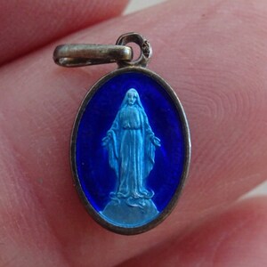 Religious antique French enameled silver ( MARKED )  medallion pendant Miraculous medal of Immaculate Conception of Holy Virgin Mary. T 25