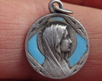 Religious French catholic silvered turquoise light blue enameled medal pendant charm medallion of Holy Virgin Mary souvenir of Lourdes. 5 V