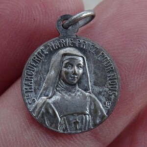 Religious antique French catholic silver plated medal pendant medallion charm of Saint Marguerite- Marie and Holy Christ. ( P 8 )