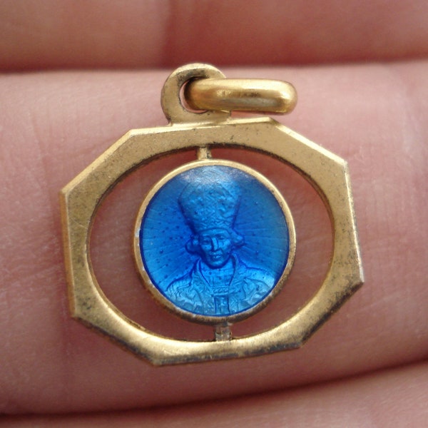 Religieuze antieke Franse vermeil vermeil vergulde gemailde katholieke medaille hanger medaillon Heilige charme van Sint-Robert.  ( 3 W 1 )
