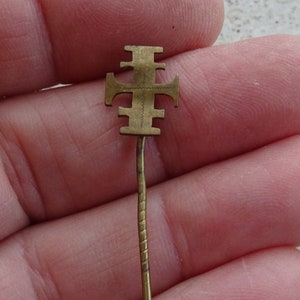 Religious antique copper catholic pin of Jerusalem Five-fold Cross crucifix. A 24