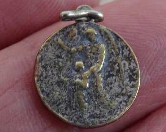 Religious antique French silvered medal charm medallion pendant of Saint Michael the Archangel. ( 6 B )