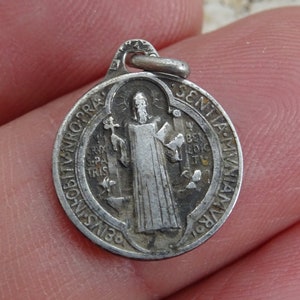 Religious antique French silver  ( MARKED ) catholic medal pendant medallion Holy charm of Saint Benedict. ( C 22 )