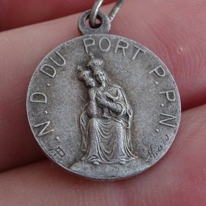 Religious antique French silver plated medal pendant charm medallion of Holy Virgin Mary Our Lady  Notre Dame du Port. O 4