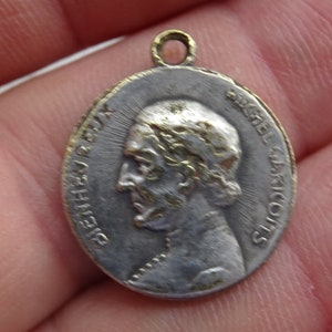 Religious antique silvered catholic medal pendant medaillon Holy charm medallion of Saint Michel Garicoïts and Holy Virgin Mary. ( 15 B )