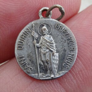 Religious antique French silver plated catholic medal pendant charm medallion of Saint Quirin souvenir of Leernes. ( E 12 )