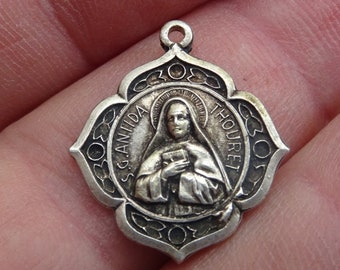 Religious antique silvered catholic medal pendant medaillon Holy charm medallion of Saint Vincent de Paul and Saint Anida Thouret. ( 5 B )