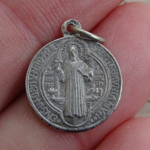 Religious antique catholic silvered catholic medal pendant charm medallion of Saint Benedict. ( medal of exorcism against evil) ( V 8 )