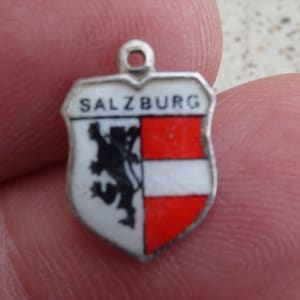 Vintage silver ( MARKED 800 ) enameled travel shield charm, memory charm tourist charm, Coat of Arms, charm souvenir of Salzburg.  B 12