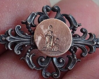Religious antique French catholic silvered brooch with gold medal of Holy Virgin Mary Our Lady of Lourdes. ( A 13 )