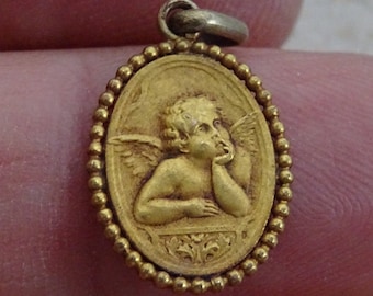 Religious antique French catholic vermeil gold plated medal pendant charm medaillon medallion cherub Guardian Angel. ( 10 A )