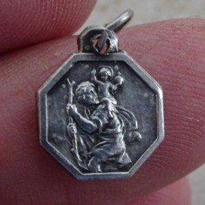 Religious antique French catholic silver plated medal pendant charm  Holy Christopher, Christophorus, Travellers medal and Lourdes. (17E )