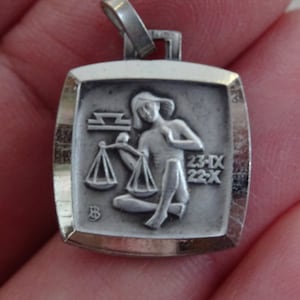 Vintage silver plated French Zodiac constellation medal medaillon pendant charm medallion sign of LIBRA.  ( 22 )